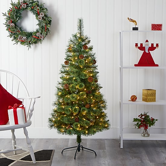 Nearly Natural White Mountain Artificial 200 Clear Led Lights And Pine Cones 5 Foot Pre-Lit Pine Christmas Tree