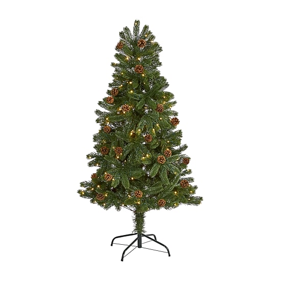 Nearly Natural 5ft. Rocky Mountain Spruce Artificial Christmas Tree With Pinecones And 100 Clear Led Lights 5 Foot Pre-Lit Spruce Christmas Tree