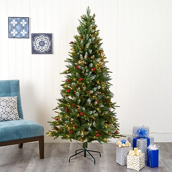 Nearly Natural 6 Foot Snow Tipped Portland Spruce With Frosted Berries And Pinecones With 300 Clear Led Lights Pre-Lit Artificial Christmas Tree