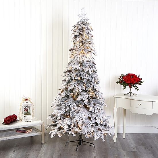 Nearly Natural 8 Foot Flocked Montana Down Swept Spruce With Pinecones And 500 Led Lights Pre-Lit Artificial Christmas Tree