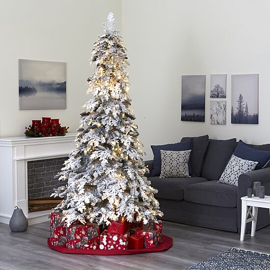 Nearly Natural 8 Foot Flocked Montana Down Swept Spruce With Pinecones And 500 Led Lights Pre-Lit Artificial Christmas Tree