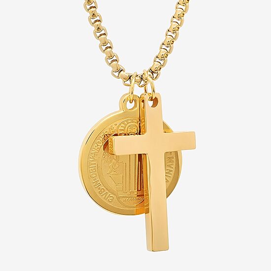 Steeltime Mens 18K Gold Over Stainless Steel Cross Hypoallergenic 24 Inch Pendant Necklace