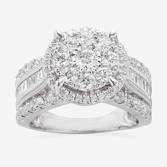 Round 2 CT.T.W. Natural Diamond Side Stone Halo Engagement Ring in White or Yellow 10K or 14K Gold
