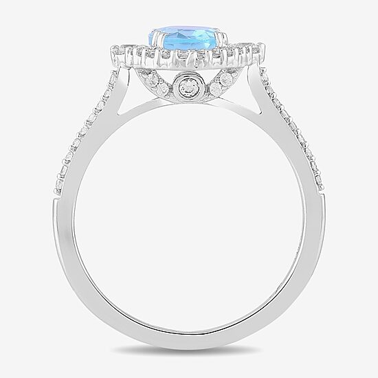 Womens Simulated Blue Aquamarine Sterling Silver Halo Side Stone Cocktail Ring