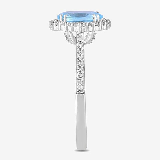 Womens Simulated Blue Aquamarine Sterling Silver Halo Side Stone Cocktail Ring