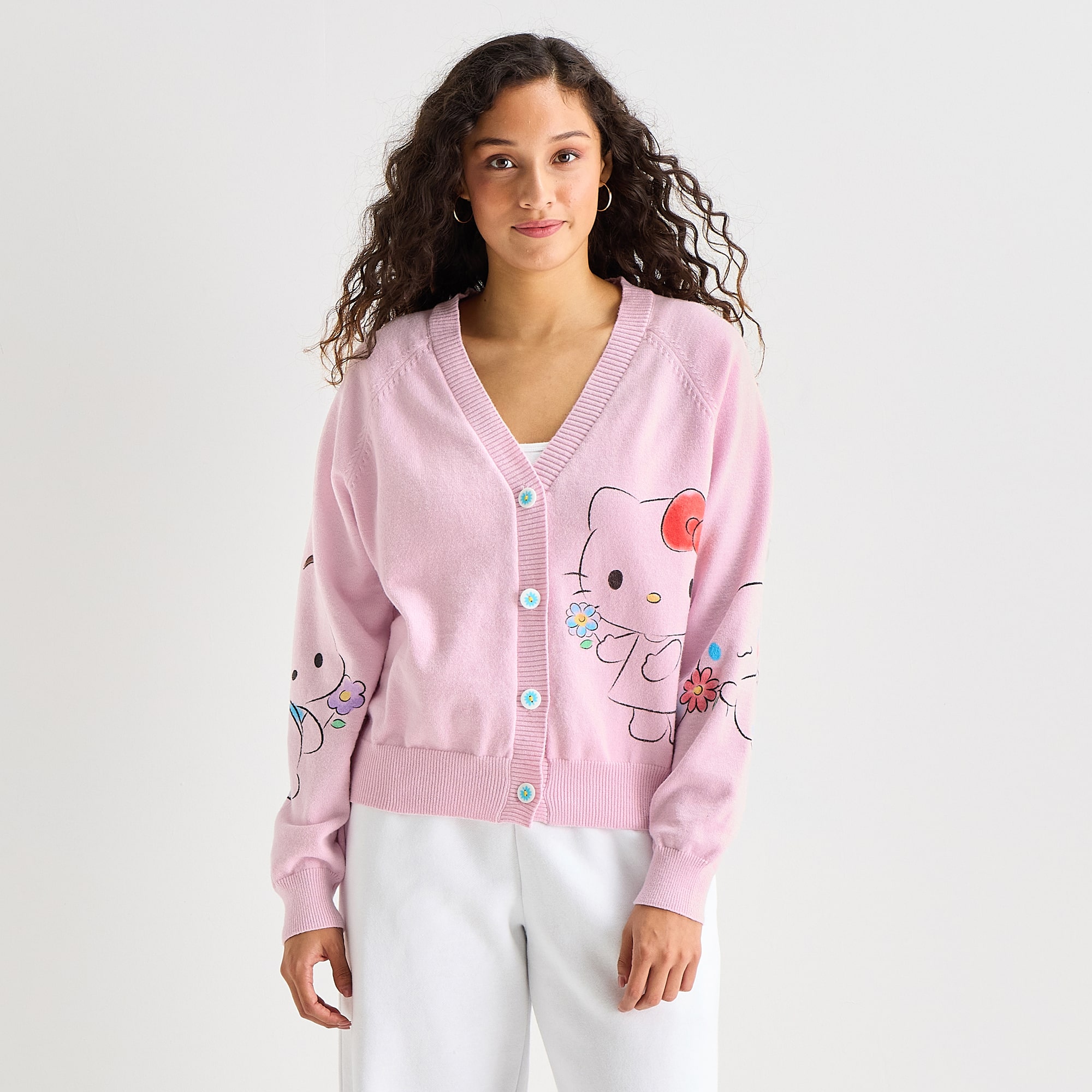 Womens V Neck Long Sleeve Button Hello Kitty Juniors Cardigan