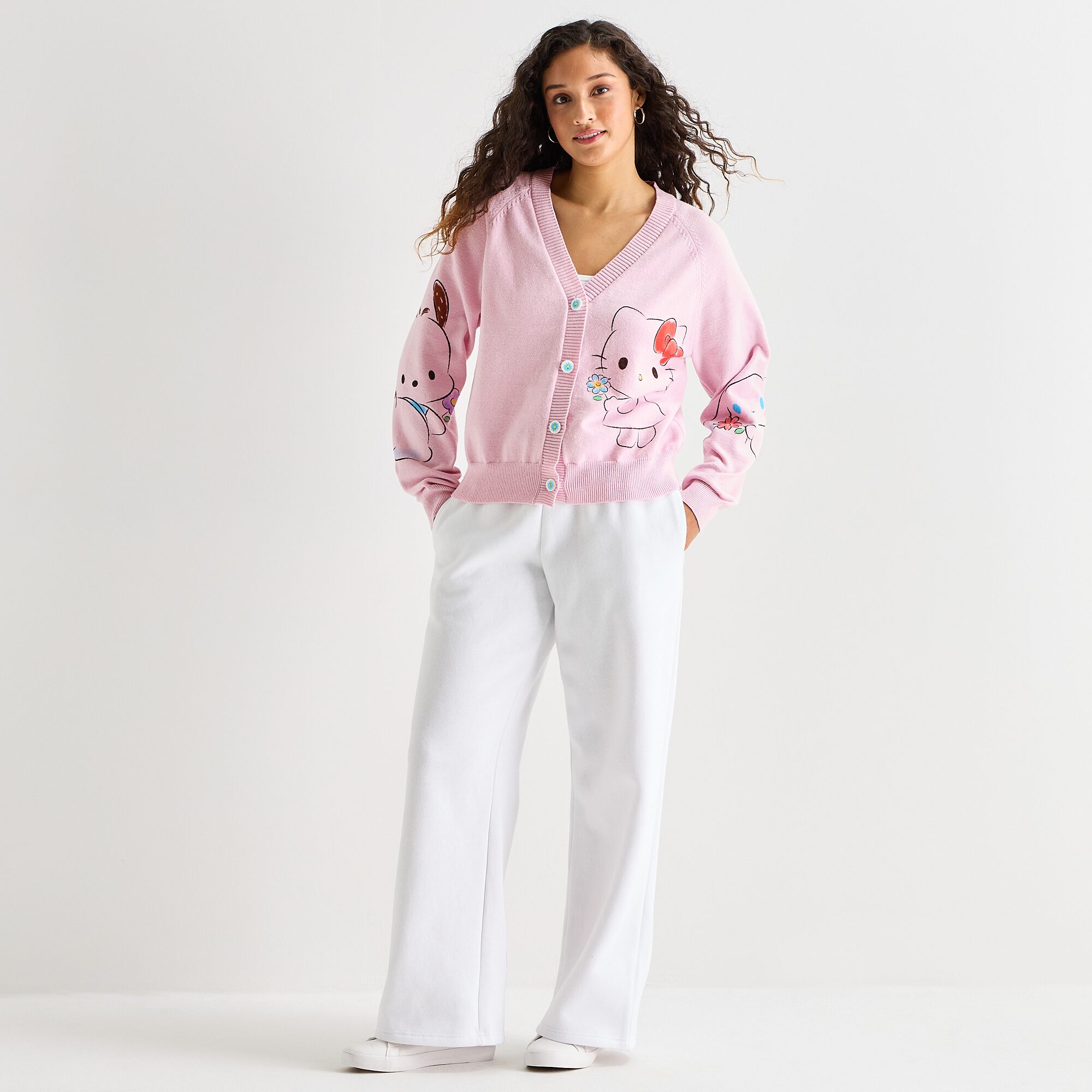 Womens V Neck Long Sleeve Button Hello Kitty Juniors Cardigan
