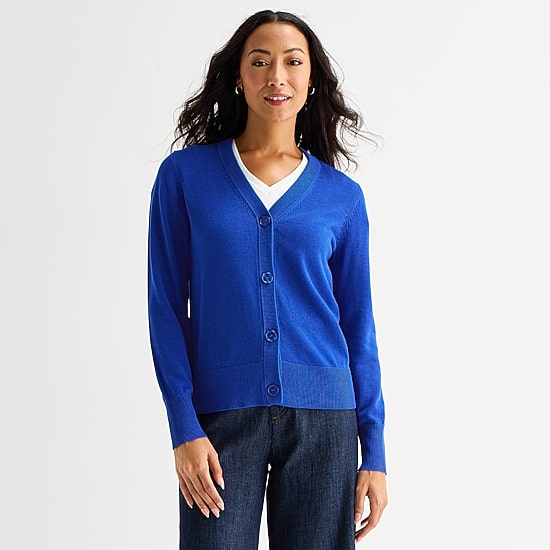 Liz Claiborne Womens V Neck Long Sleeve Button Cardigan