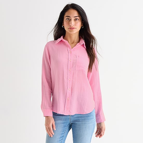 St. John's Bay Womens Long Sleeve Relaxed Fit Button-Down Shirt