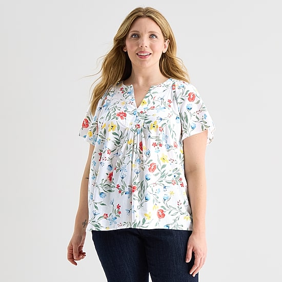 St. John's Bay Womens Plus V Neck Short Sleeve Blouse