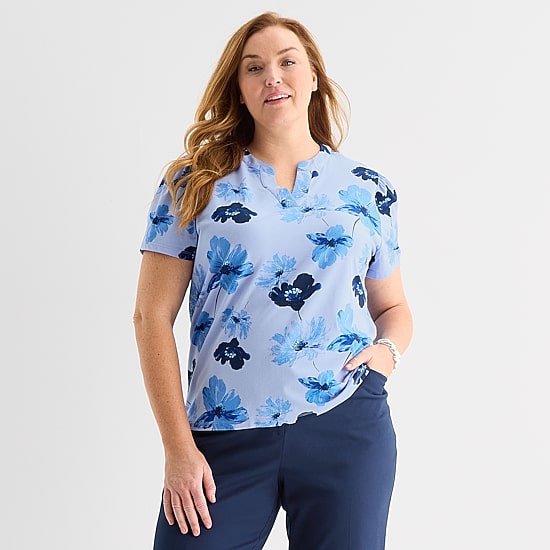 Liz Claiborne Womens Plus Split Crew Neck Short Sleeve Blouse