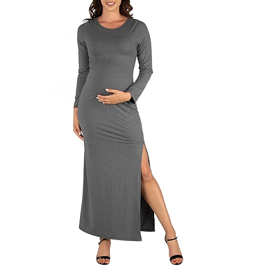 24seven Comfort Apparel Womens Maternity Round Neck Long Sleeve Fitted Maxi Dress