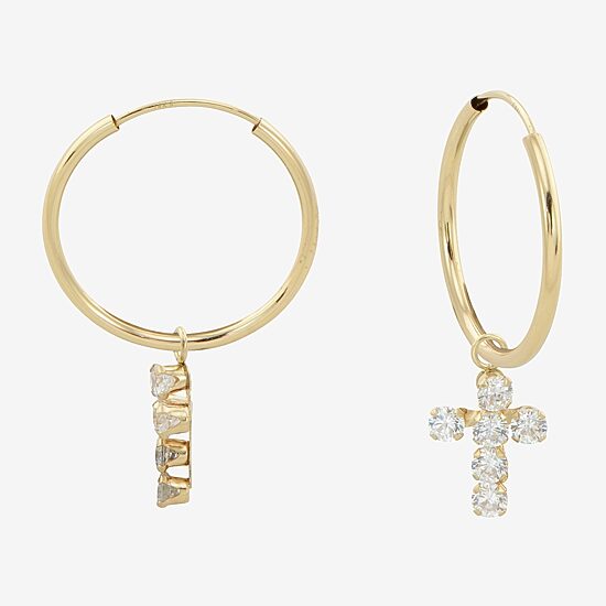 Womens Cubic Zirconia 14K Gold 18mm Cross Hoop Earrings