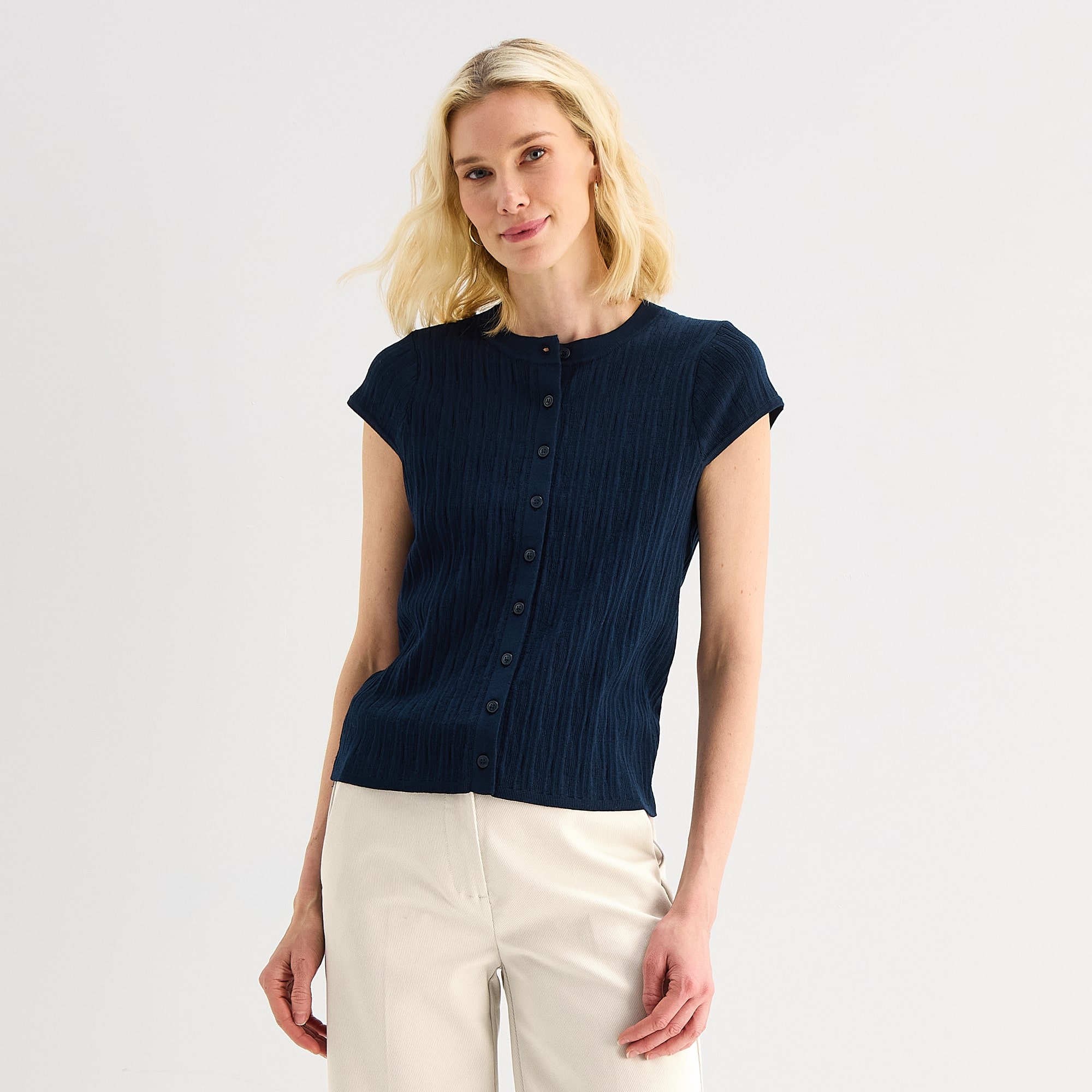 Liz Claiborne Womens Crew Neck Short Sleeve Button Cardigan