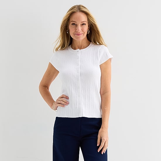 Liz Claiborne Womens Crew Neck Short Sleeve Button Cardigan