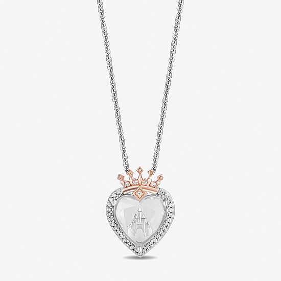 Enchanted Disney Fine Jewelry Womens 1/8 CT. T.W. Genuine White Quartz 14K Rose Gold Over Silver Sterling Silver Crown Heart 18 Inch Pendant Necklace