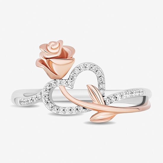 Enchanted Disney Fine Jewelry Womens 1/10 CT. T.W. Natural White Diamond 14K Rose Gold Over Silver Sterling Silver Flower Heart Beauty and the Beast Belle Princess Cocktail Ring