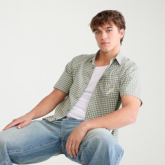 AEROPOSTALE Mens Short Sleeve Boxy Fit Stretch Fabric Button-Down Shirt