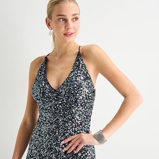 Radiante Couture Womens Juniors V Neck Short Sleeve Sequin Bodycon Dress