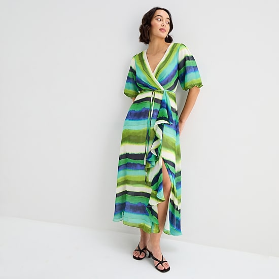 Melonie T Womens V Neck Short Sleeve Puffed Maxi Dress