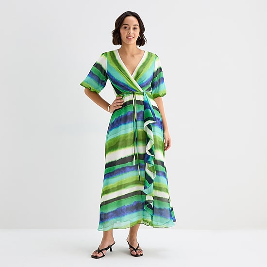 Melonie T Womens V Neck Short Sleeve Puffed Maxi Dress