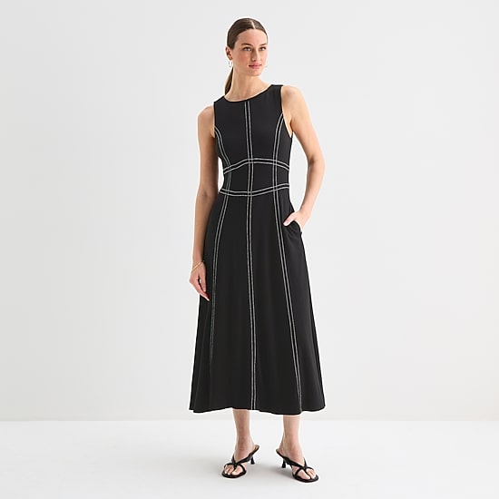 Sam And Jess Womens Midi Boat Neck Sleeveless Fit + Flare Dress
