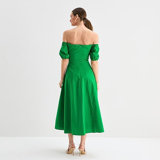 Melonie T Womens Off The Shoulder Short Sleeve Midi Fit + Flare Dress