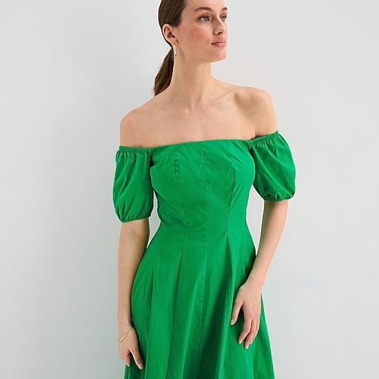 Melonie T Womens Off The Shoulder Short Sleeve Midi Fit + Flare Dress