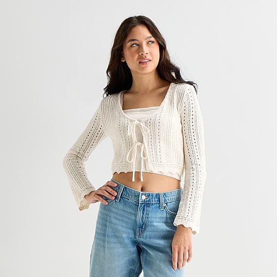 Arizona Womens Square Neck Long Sleeve Layered Sweater Juniors