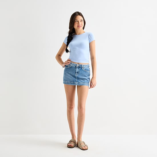 Arizona Womens Juniors Mid Rise Midi Denim Skirt
