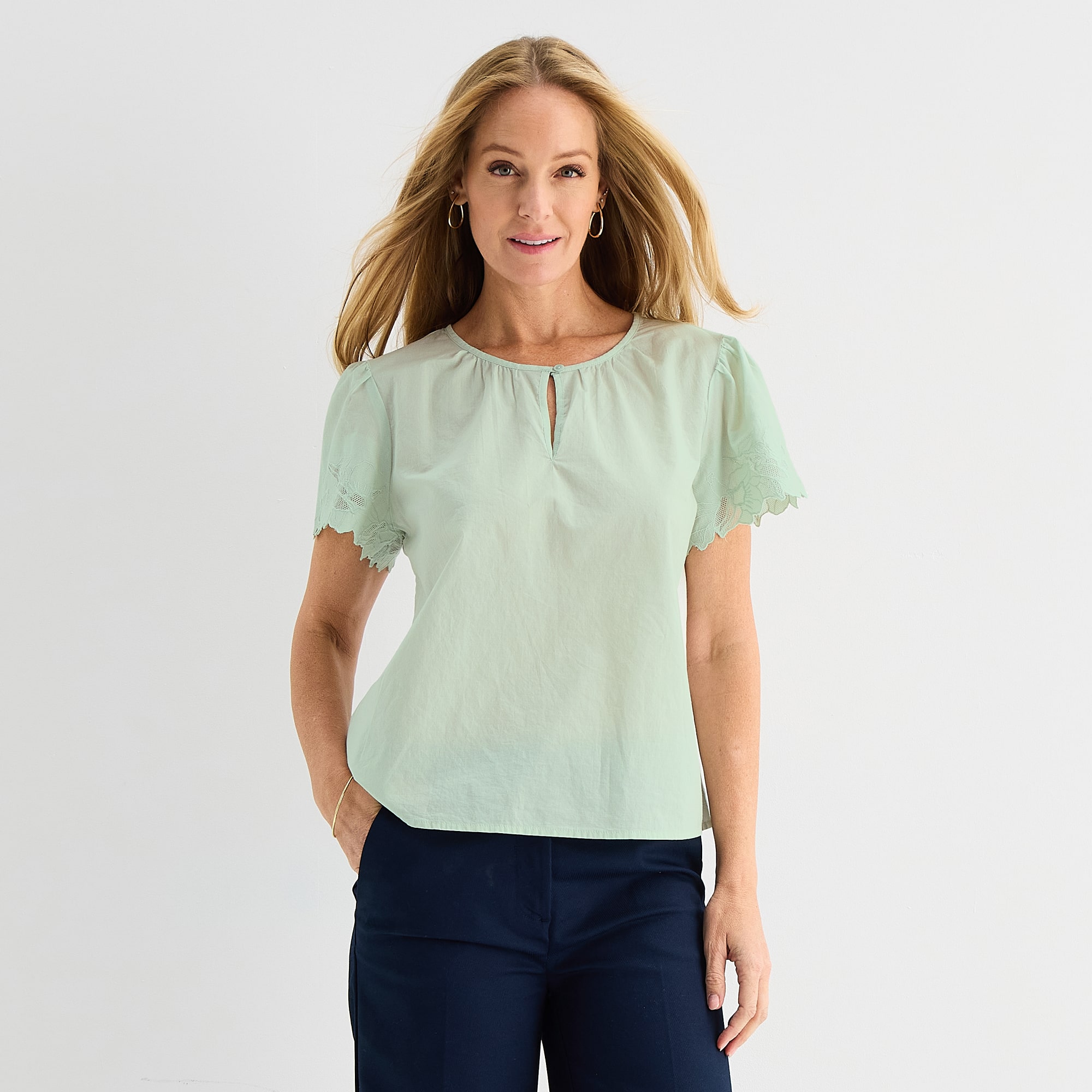 Liz Claiborne Womens Keyhole Neck Short Sleeve Embroidered Blouse