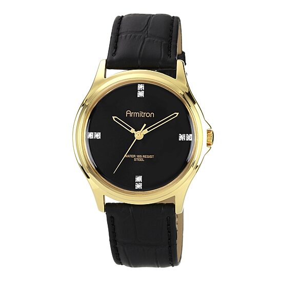 Armitron® Mens Crystal-Accent Black Leather Strap Watch