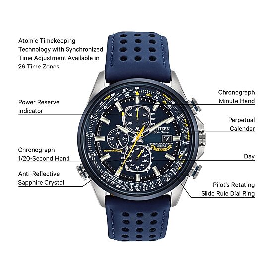 Citizen World Chronograph A-T Mens Chronograph Multi-Function Atomic Time Blue Leather Strap Watch At8020-03l