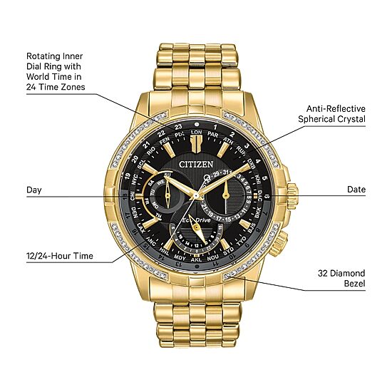 Citizen Calendrier Mens Diamond Accent Gold Tone Stainless Steel Bracelet Watch Bu2082-56e