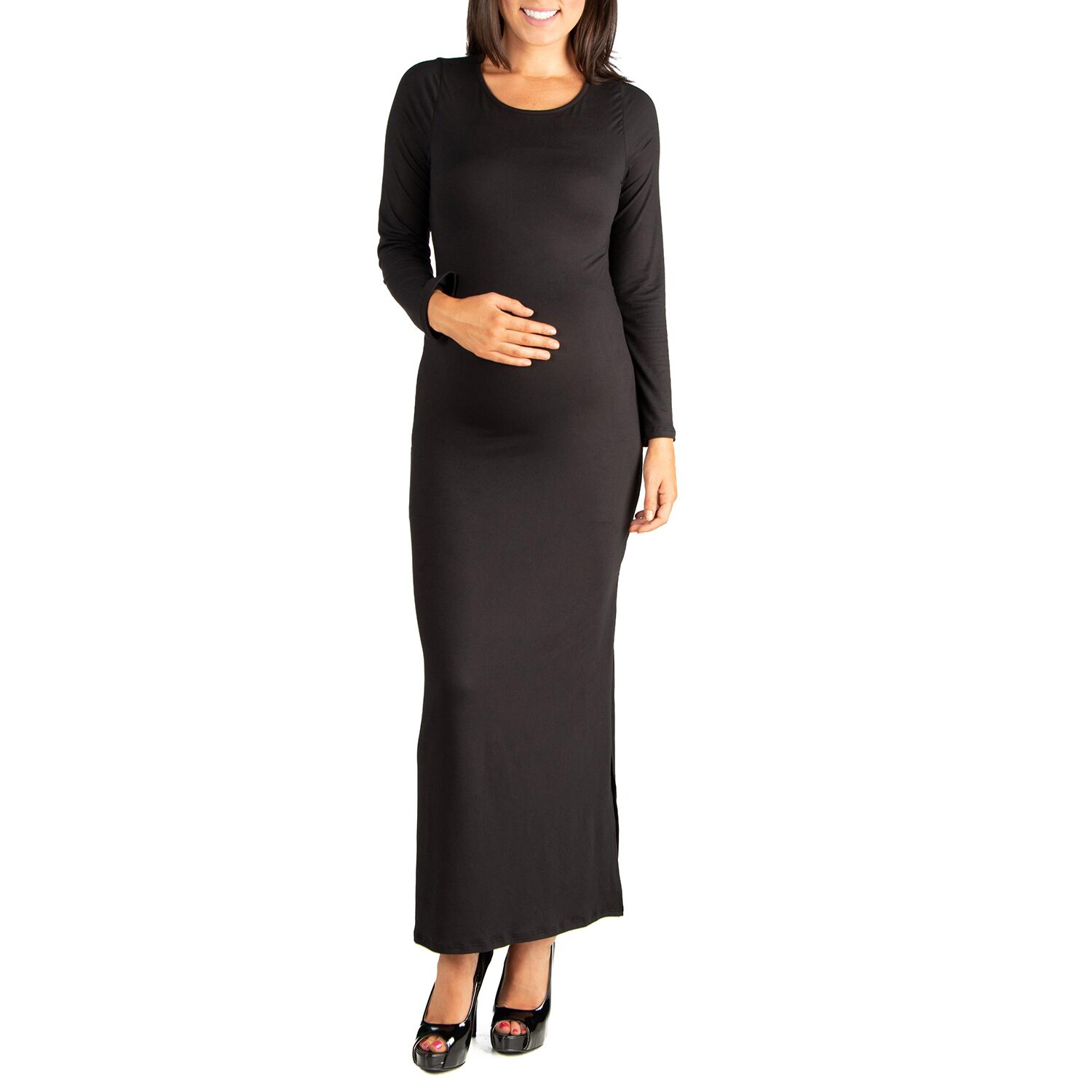 24seven Comfort Apparel Womens Maternity Round Neck Long Sleeve Maxi Dress