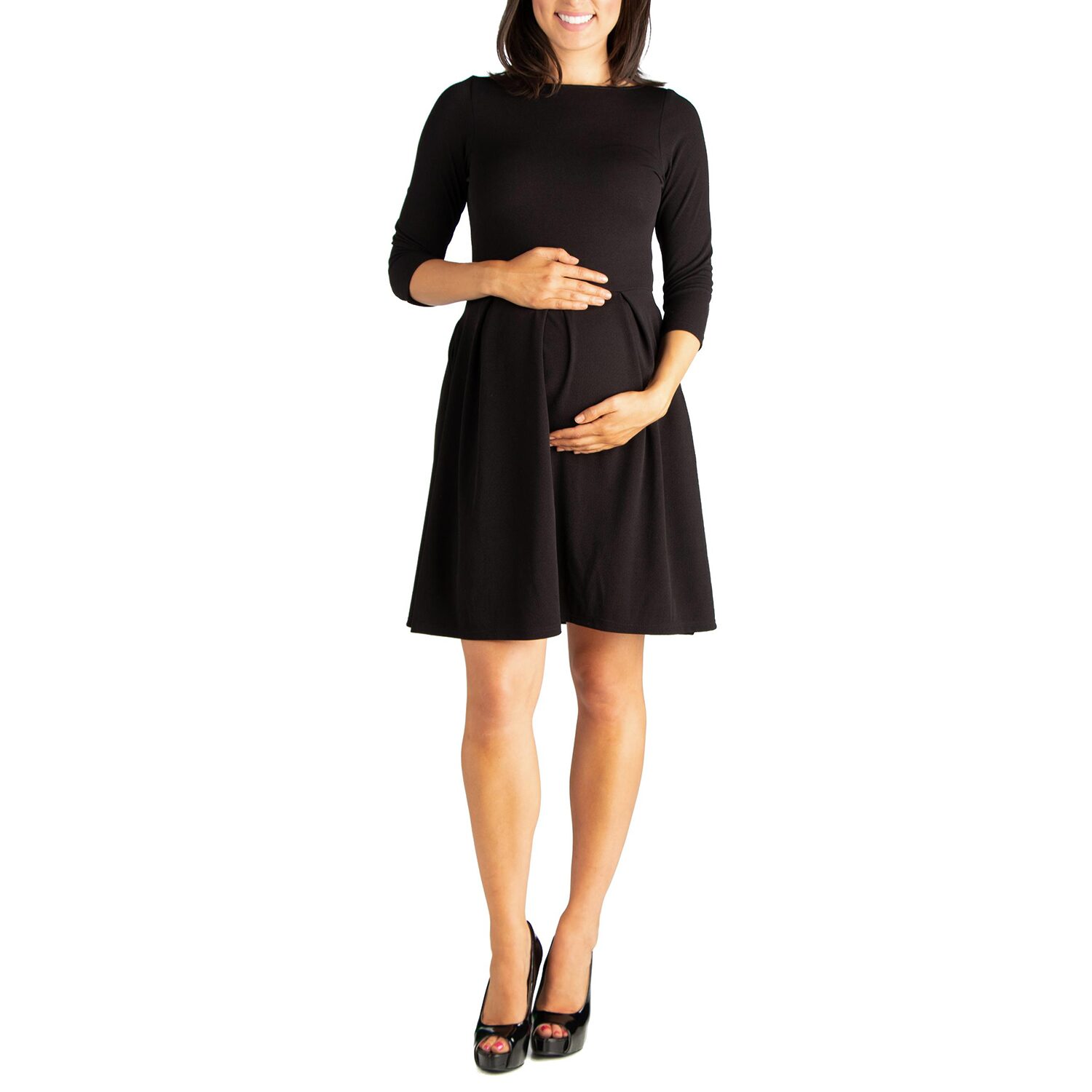 24seven Comfort Apparel Womens Maternity Boat Neck 3/4 Sleeve Fit + Flare Dress