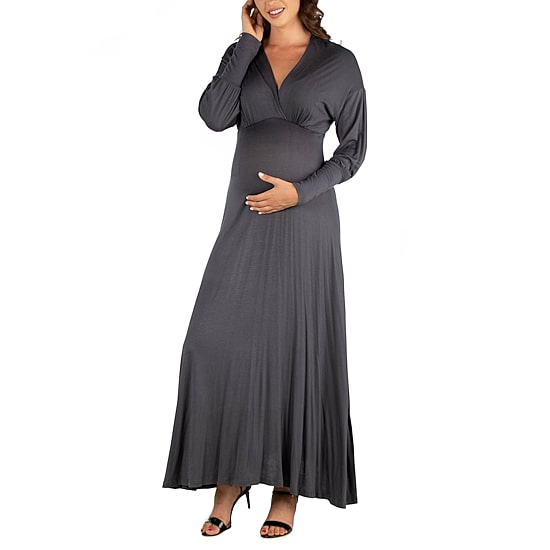 24seven Comfort Apparel Womens Maternity V Neck Long Sleeve Fitted Maxi Dress