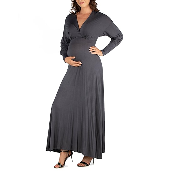 24seven Comfort Apparel Womens Maternity V Neck Long Sleeve Fitted Maxi Dress