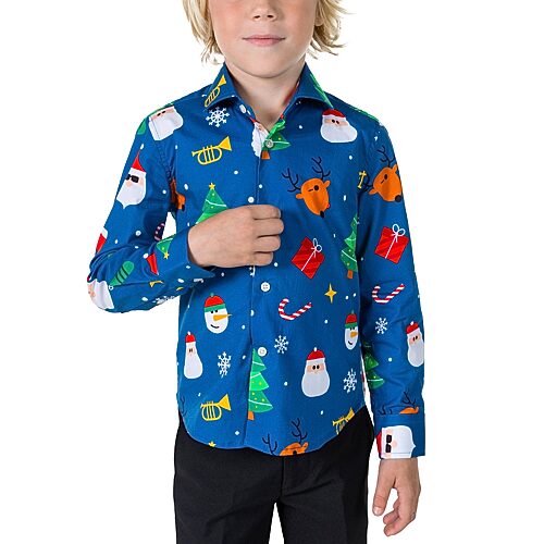 Opposuits Christmas Little Boys Spread Collar Long Sleeve Dress Shirt, 8, Blue