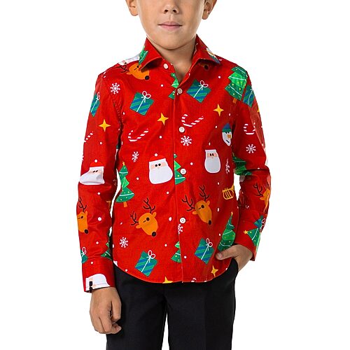 Opposuits Christmas Little Boys Spread Collar Long Sleeve Dress Shirt, 8, Red