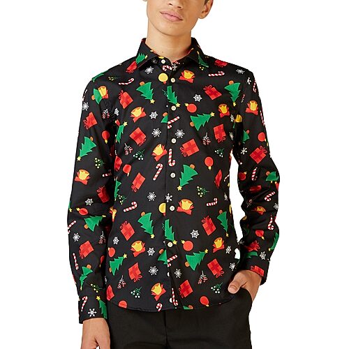 Opposuits Christmas Big Kid Boys Spread Collar Long Sleeve Dress Shirt, 16, Black