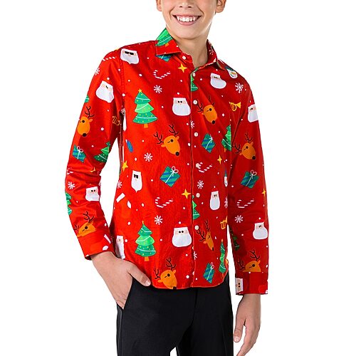 Opposuits Christmas Big Kid Boys Spread Collar Long Sleeve Dress Shirt, 16, Red