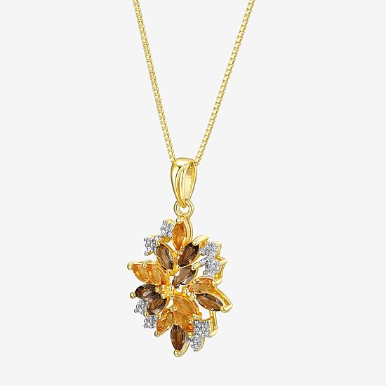 Womens Genuine Yellow Citrine 18K Gold Over Silver Flower 18 Inch Pendant Necklace