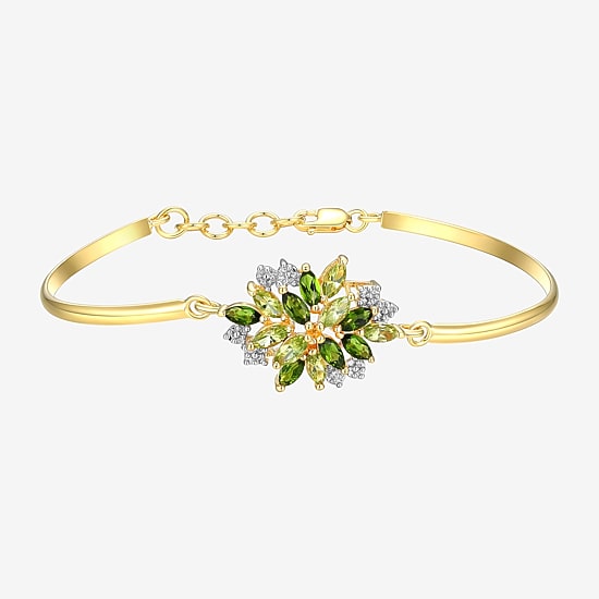 Womens Genuine Green Peridot 18K Gold Over Silver Flower Bangle Bracelet