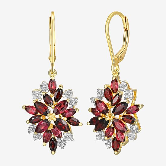 Womens Genuine Red Garnet 18K Gold Over Silver Drop Earrings