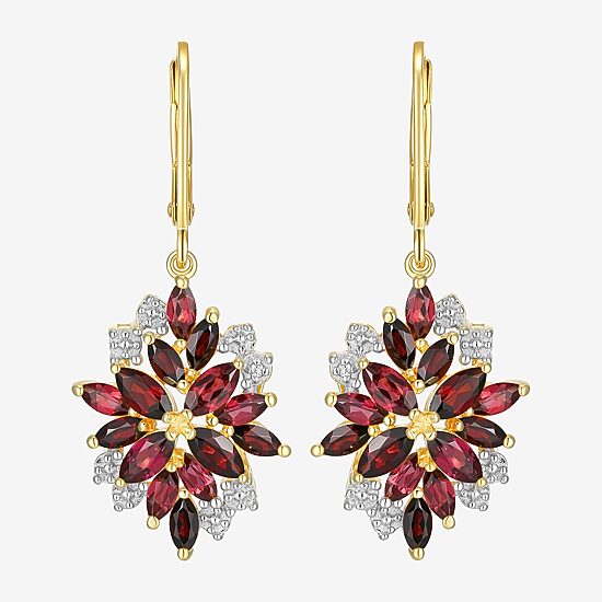 Womens Genuine Red Garnet 18K Gold Over Silver Drop Earrings