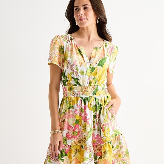 Be by CHETTA B Womens Split Crew Neck Short Sleeve Fitted Floral Fit + Flare Dress