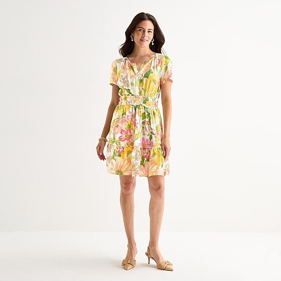 Be by CHETTA B Womens Split Crew Neck Short Sleeve Fitted Floral Fit + Flare Dress