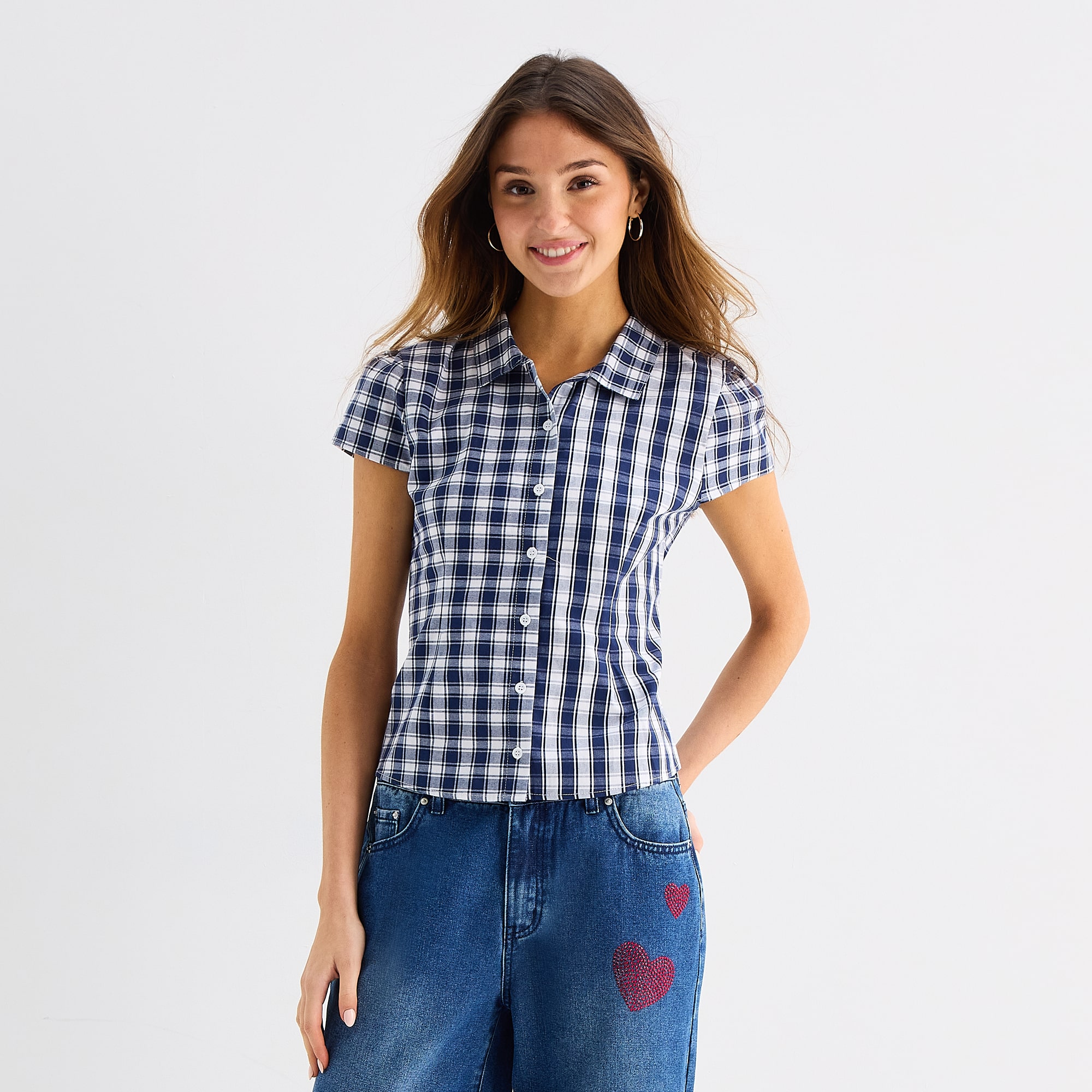 Forever 21 Womens Juniors Cap Short Sleeve Relaxed Fit Poplin Button-Down Shirt