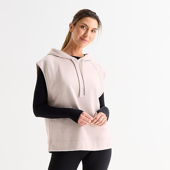 Xersion Womens French Terry Hooded  Sleeveless Pullover Sweater